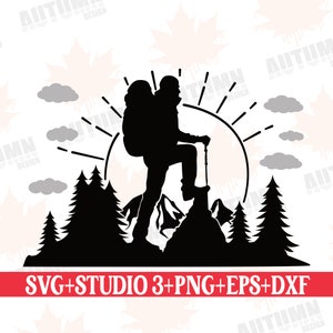 May include: Black silhouette of a hiker with a backpack standing on a mountain peak with a sunrise behind them. The hiker is holding a walking stick. There are trees and clouds in the background.