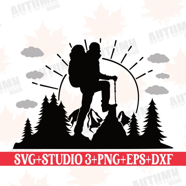 Plotterdatei Wandern Bergsteiger Svg Wandern Svg Outdoor Natur Trekking Wald Silhouette Schneidedatei Svg Eps Png DXF Studio 3 Clip Art