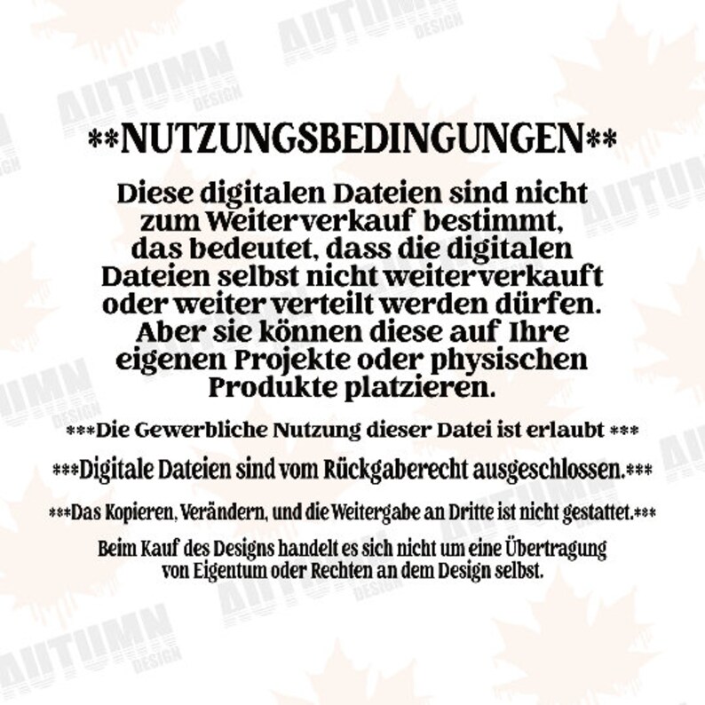 May include: Black and white text on a white background with a red maple leaf design. The text reads "Nutzungsbedingungen" and includes information about the commercial use of digital files.
