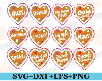 Puede incluir: Doce corazones de pan de jengibre con frases alemanas en glaseado blanco, como "Bussi" y "Danke!". Las galletas tienen una base marrón, borde de glaseado blanco y detalles decorativos. También incluye el texto "SVG+DXF+EPS+PNG".