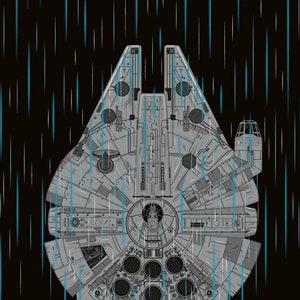 May include: A black and white illustration of the Millennium Falcon spaceship from Star Wars. The spaceship is surrounded by blue lines, creating the effect of rain. The text "She's got it where it counts, kid." is at the bottom of the image.