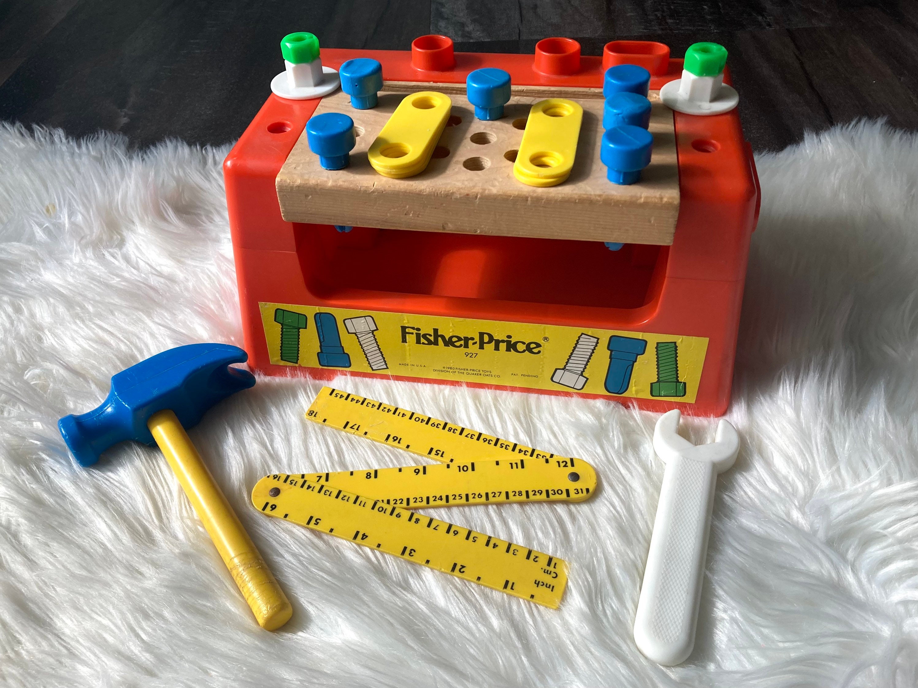 80s vintage Fisher Price Woodtop Workbench Set Pretend Play