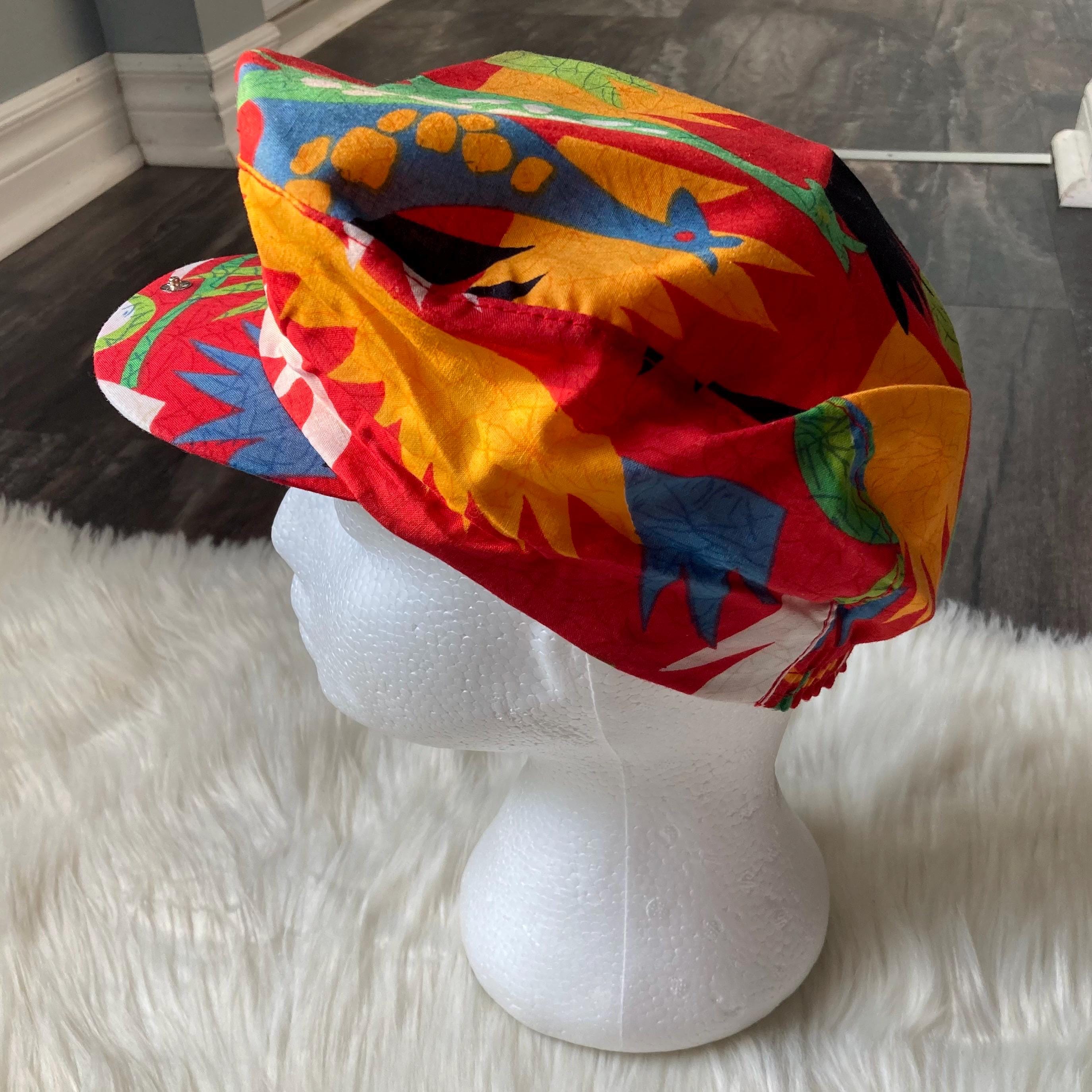 90s Vintage Newsboy Cap Flat Cap Vibrant Patterned Cotton Fabric