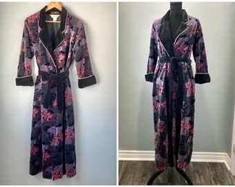 70s Vintage Diamond Tea Velvet Long Wrap Robe Purple & Black Velour Paisley Polka Dot Trim ILGWU Label Made in Canada