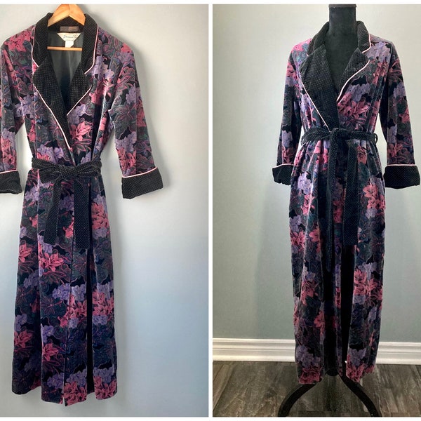 70s Vintage Diamond Tea Velvet Long Wrap Robe Purple & Black Velour Paisley Polka Dot Trim ILGWU Label Made in Canada