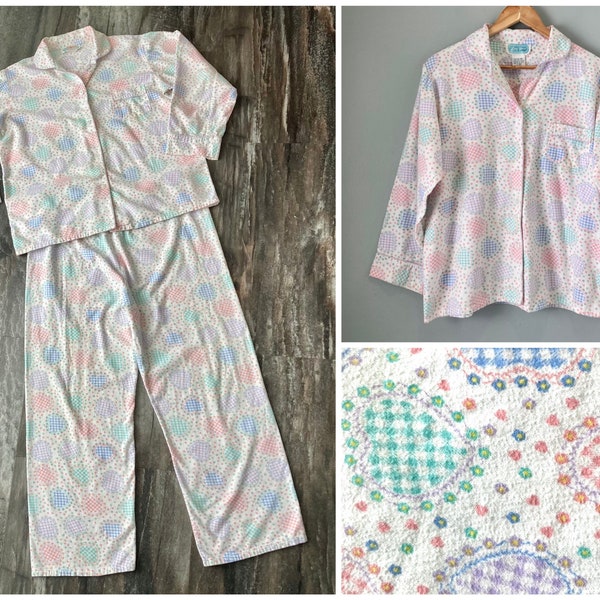 90s Vintage Pastel Gingham Heart & Flower Print White Brushed Cotton 2 Piece Pajama Set Button-Down Top and Pants Lady Gloria