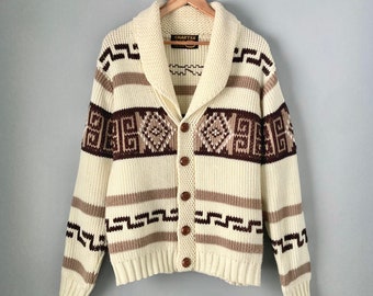 70s Vintage Lebowski Sweater Cardigan Style Charter Oak Acrylic Yarn Knit Button-Front Jumper The Dude Cowichan Sweater Retro Seventies