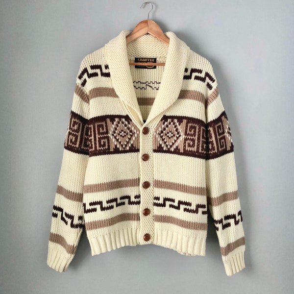 70s Vintage Lebowski Sweater Cardigan Style Charter Oak Acrylic Yarn Knit Button-Front Jumper The Dude Cowichan Sweater Retro Seventies