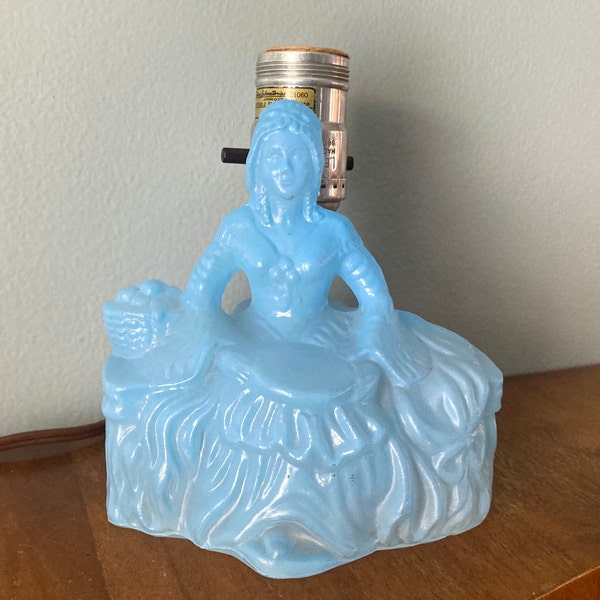 30s Vintage Frosted Glass Blue Southern Belle L.E. Smith ‘Portrait Lady’ Boudoir Lamp Accent Lighting Kitschy Milk Glass