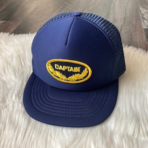 90s Vintage Captain Snapback Hat Deadstock New Unworn Baseball Cap Retro Nineties Mesh Back Embroidered Captains Patch Navy Blue