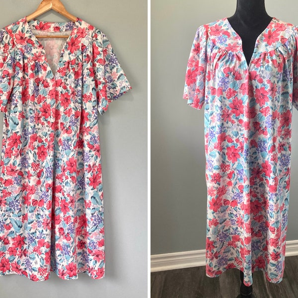 70s Vintage Floral House Dress Robe Mumu Long Retro Dressing Gown Short Sleeves Plus Size 0X - 1X