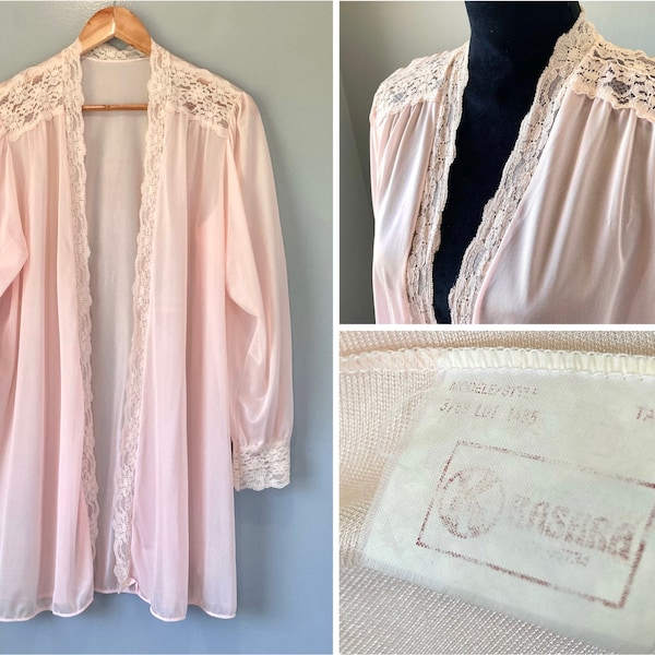 70s Vintage Pink Nylon Dressing Gown Peignoir Robe by Kasara Canadian Lingerie Boutique Midcentury Modern Fashion Lace Trim Size M