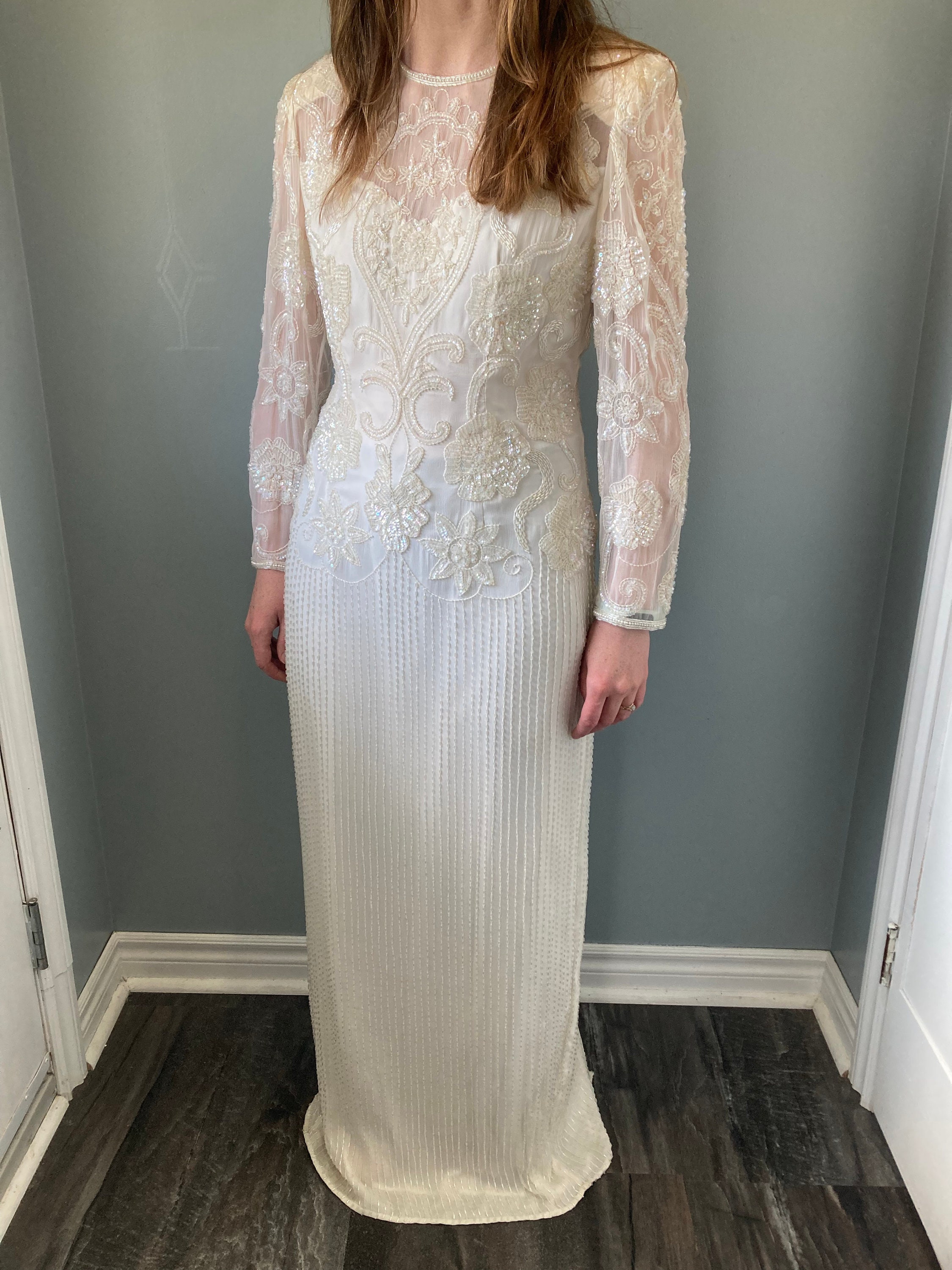 Vintage Beaded Art Deco Style Wedding Dress Iridescent Sequins Seed Beads Ivory Cream Silk Lined Floor Length Scala Dress Medium Size 8-10