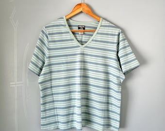 Camiseta vintage de algodón verde claro a rayas Cherokee Brand, cuello en V elástico, talla Y2K