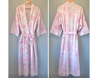 80s Vintage Robe Pastel Pink Floral Long Maxi Dressing Gown by Dominique Size S/M