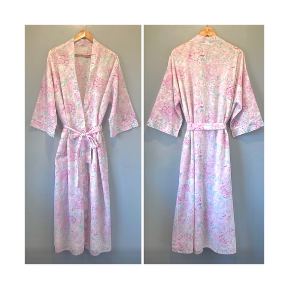 80s Vintage Robe Pastel Pink Floral Long Maxi Dressing Gown by Dominique Size S/M