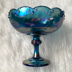 70s Vintage Carnival Glass Blue Compote Bowl Candy Dish Iridescent Scalloped Teardrop Edge Retro Midcentury Indiana Glass Co.
