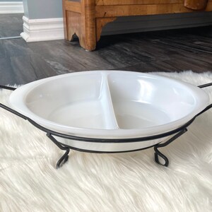70s Vintage Glasbake White Divided Casserole Dish and Black Metal Display Stand Retro Serving Dish Midcentury Modern J239