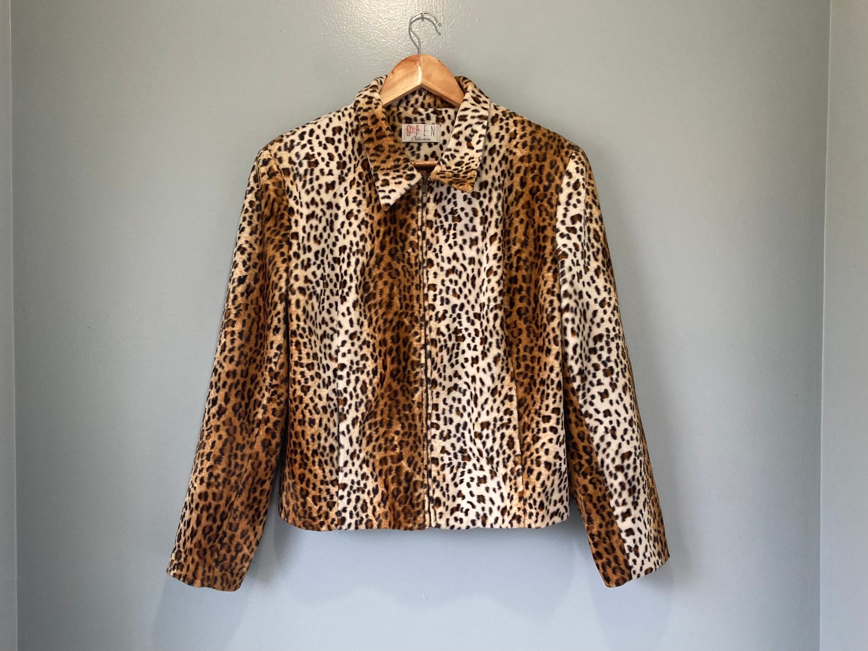 Leopard Print Jacket Vintage Unisex Fuzzy Jacket Faux Fur