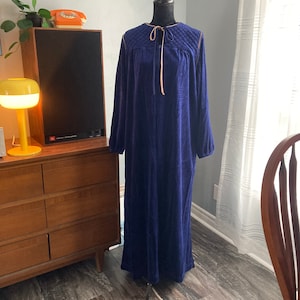 70s Vintage Velvet Robe House Dress Balaban Canada Blue Velour Robe Maxi Length Zip-Front Quilted Collar Side Pockets  Midcentury Night Gown