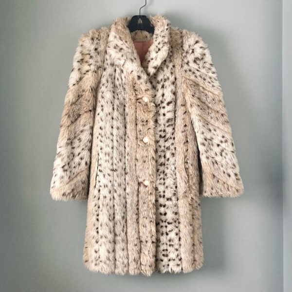 70s Vintage Faux Fur Lynx Coat Chic Vegan Jacket Button-Front Classic Edie Sedgwick Style Winter Coat Mod Classic Warm