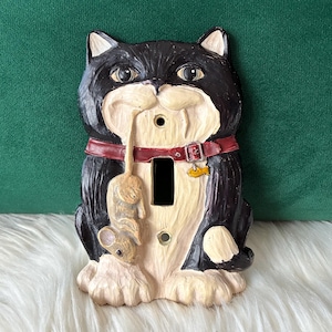 90er Vintage Tuxedo Cat Keramik Lichtschalter Abdeckplatte Kitschig Niedlich
