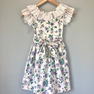 90s Vintage Floral Empire Waist Dress Girls Size 8 Layered Lace Trim Collar Party Special Occasion Dress