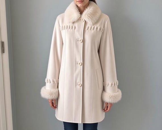 90s Vintage Faux Suede Cream Off-white Coloured Warm Winter Coat