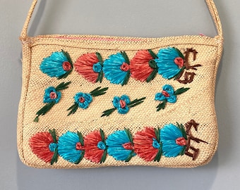 60s Vintage Raffia Flower Colourful Woven Straw Handbag Rectangular Crossbody Purse Handmade Natural Tropical Vacation Tote Bag Midcentury
