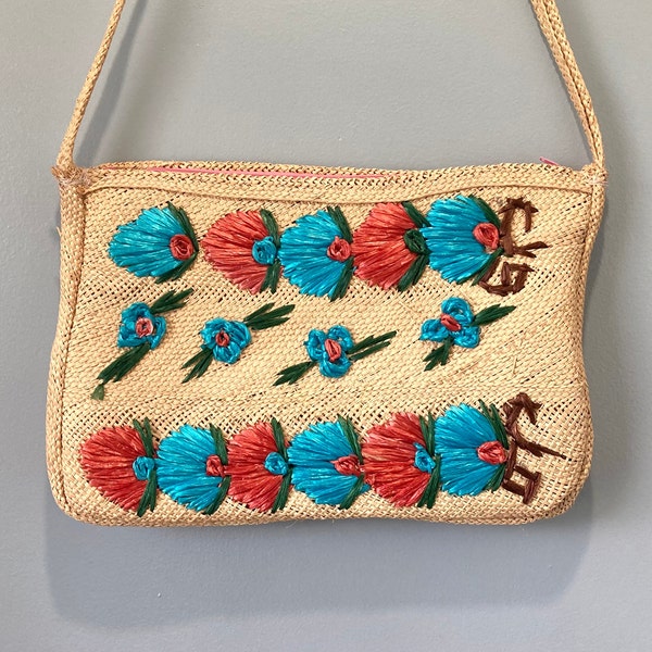 60s Vintage Raffia Flower Colourful Woven Straw Handbag Rectangular Crossbody Purse Handmade Natural Tropical Vacation Tote Bag Midcentury