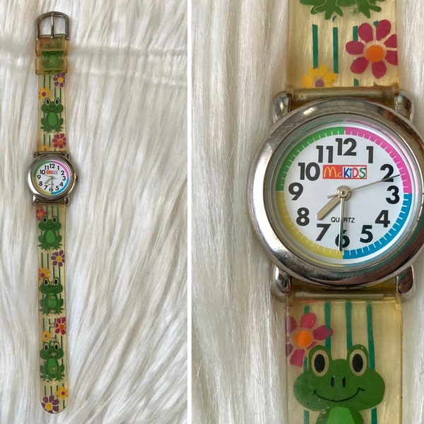 90s vintage McKids Frog & Flower Jelly Strap Watch Colorful Nineties Aesthetic Clear Strap Kid’s / Tween / Teen Montre-bracelet