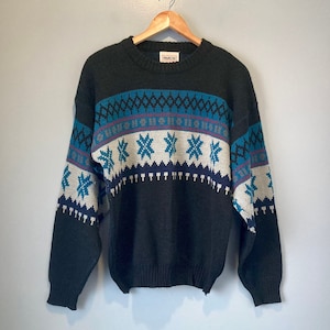 80s Vintage Oversized Black Crewneck Fair Isle Pullover Sweater by Perspective Unisex Men’s M, Women’s L - 0X