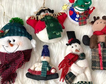 90s Vintage Set of 6 Snowman Christmas Ornaments Cute Kitschy