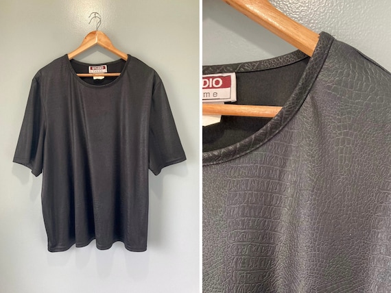 90s Vintage 3X Faux Leather Black Short Sleeve Top Size Nineties Aesthetic Plus Size Shirt