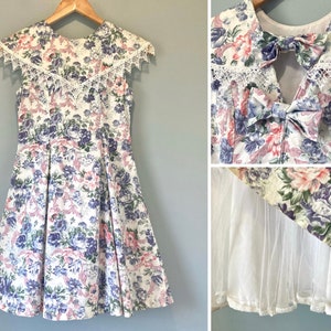 80s Vintage Floral A-Line Crinoline Dress Girls Size 10-12 Sailor Neckline Lace Trimmed Puffy Skirt Bows