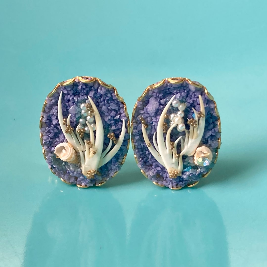 80s Vintage Purple Shell Earrings Coastal Mermaidcore Theme Tiny Seed
