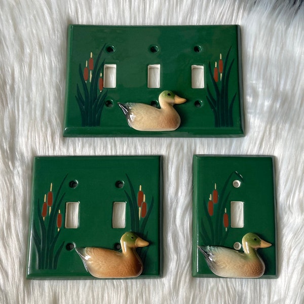 90s Vintage Ceramic Mallard Duck Light Switch Cover Plates Hand Painted Kitschy Cabin Cottagecore