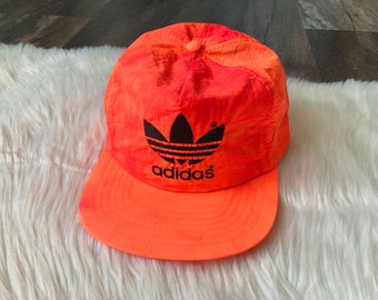 90s Vintage Adidas Trefoil Logo Neon Orange & Red Marbled Tie Dye Nylon Snapback Hat Embroidered Deadstock New Unworn Baseball Trucker Hat