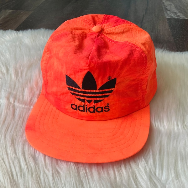 90s Vintage Adidas Trefoil Logo Neon Orange & Red Marbled Tie Dye Nylon Snapback Hat Embroidered Deadstock New Unworn Baseball Trucker Hat