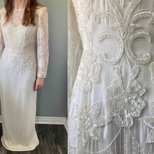 Vintage Beaded Art Deco Style Wedding Dress Iridescent Sequins Seed Beads Ivory Cream Silk Lined Floor Length Scala Dress Medium Size 8-10