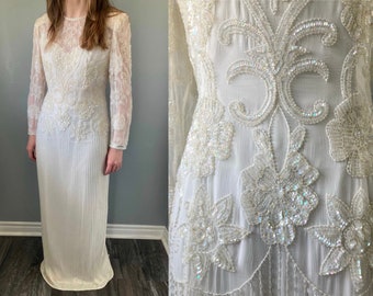 Vestido de novia de estilo Art Deco con cuentas vintage Lentejuelas iridiscentes Granos de semillas Crema de marfil Forrado de seda Hasta el suelo Vestido Scala Tamaño mediano 8-10