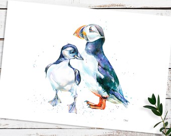 Puffin and chick giclée print, high quality art print