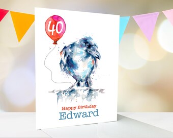 Raven personalised birthday card for him or her, any name and age, 5x7, greeting card, 21st, 15th, 18th,  20th, 50th 63rd, 80th, UK shop