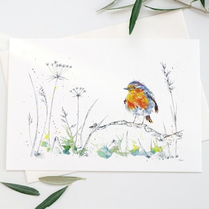 The Visiting Robin - watercolour print, bird painting, ink drawing, wall art