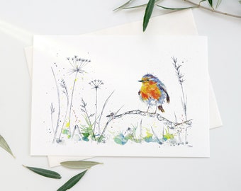 The Visiting Robin - watercolour print, bird painting, ink drawing, wall art