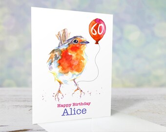 Robin personalised birthday card for him or her, any name and age, 5x7, greeting card, 7th, 16th, 18th, 21st, 30th, 40th 60th, 75th, UK shop