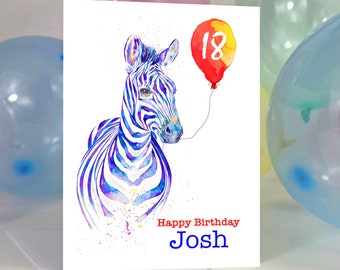 Fun zebra personalised birthday card for him or her, any name and age, 5x7, greeting card, 1st, 4th, 12th, 13th, 18th, 21st, 40th, 70th, UK