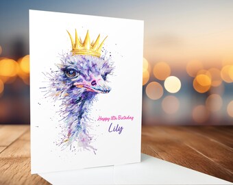 Colourful ostrich birthday card with crown, 5x7, blank inside, personalise with any name and age, 16th 18th 21st 30th 40th 50th 60th 70th UK