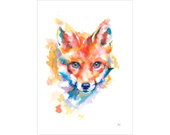 Fox Gaze - beautiful art print of an original watercolour painting by British artist Jen Lewis.