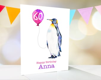 Fun penguin personalised birthday card for him or her, any name and age, 5x7, greeting card, 1st, 8th, 21st, 16th, 70th, UK shop